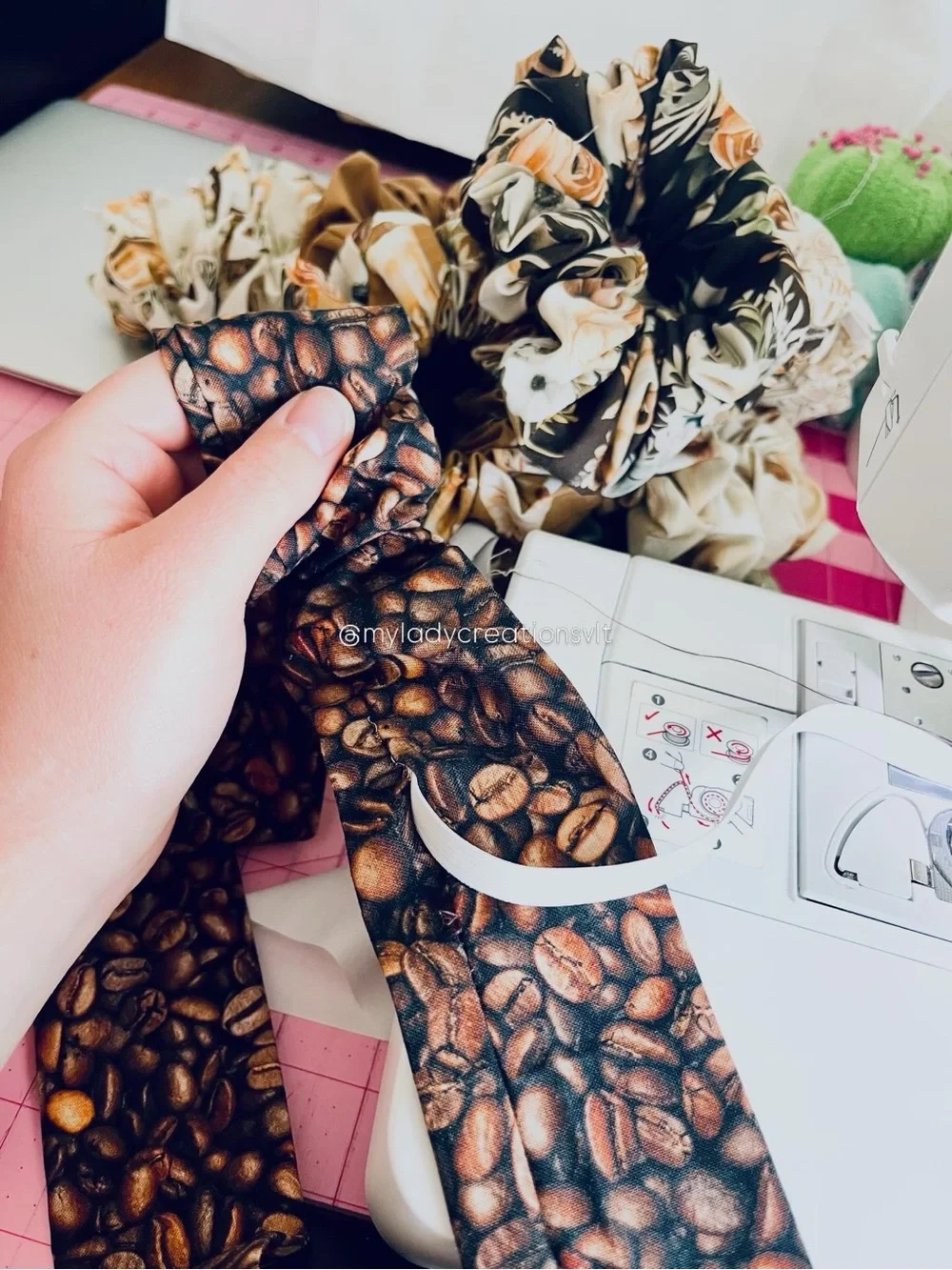 Starbucks Inspired Coffee Floral Cream Sage Brown Handmade Scrunchies